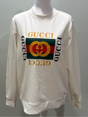 Gucci Cream Crewneck Sweatshirt with Red & Green Stripe and Gold Logo